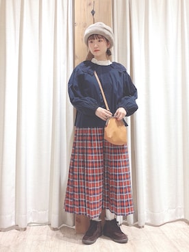 「赤チェック」｜「アイテム（帽子）」を使った、kiiさん（レディース・157cm）の冬コーディネート