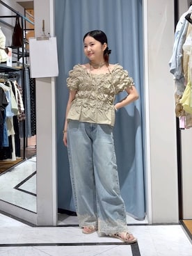 「LOWRYS FARM（ローリーズファーム）のシャーリングブラウスフレンチスリーブ　1046442（シャツ/ブラウス、ベージュ系）」を使った、たのさん（レディース・148cm）の夏コーディネート