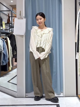 「LOWRYS FARM（ローリーズファーム）のメランジツイルワイドパンツ　589177（デニムパンツ、ブラウン系）」を使った、たのさん（レディース・148cm）の春コーディネート