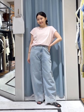 「LOWRYS FARM（ローリーズファーム）の【接触冷感】ベーシックノースリーブ　1043004（Tシャツ/カットソー、ピンク系）」を使った、たのさん（レディース・148cm）の夏コーディネート