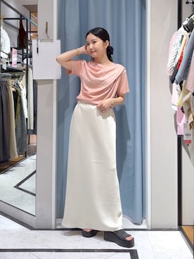 「LOWRYS FARM（ローリーズファーム）のドレーププルオーバーSS 1053677（Tシャツ/カットソー、ピンク系）」を使った、たのさん（レディース・148cm）の夏コーディネート