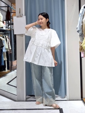 「LOWRYS FARM（ローリーズファーム）のアシメティアードチュニックＳＳ　1049042（シャツ/ブラウス、ホワイト系）」を使った、たのさん（レディース・148cm）の夏コーディネート