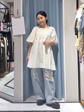 「LOWRYS FARM（ローリーズファーム）のレースデニム　601055（デニムパンツ、ブルー系）」を使った、たのさん（レディース・148cm）の夏コーディネート