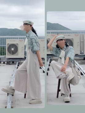 「Seriaの¥110 椅子カバーリメイク（ハンチング/ベレー帽、ブルー系）」を使った、なつきさん（メンズ・179cm）の夏コーディネート