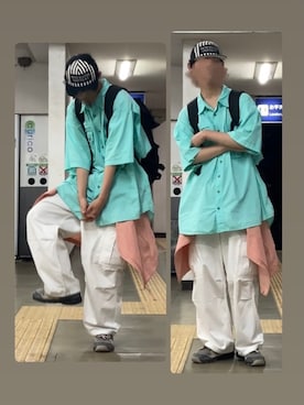 「Cabela'sの¥100（シャツ/ブラウス、ブルー系）」を使った、なつきさん（メンズ・179cm）の春コーディネート