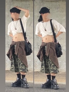 「usedの¥880(リバーシブル)(綿100だけどエマール)（パーカー、ブラウン系）」を使った、なつきさん（メンズ・179cm）の夏コーディネート