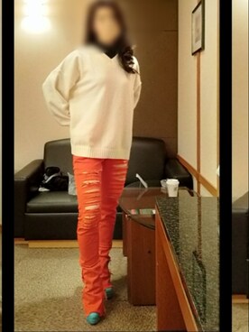 「アイテム（デニムパンツ、レッド系）」を使った、irises225さん（レディース・155cm）の冬コーディネート