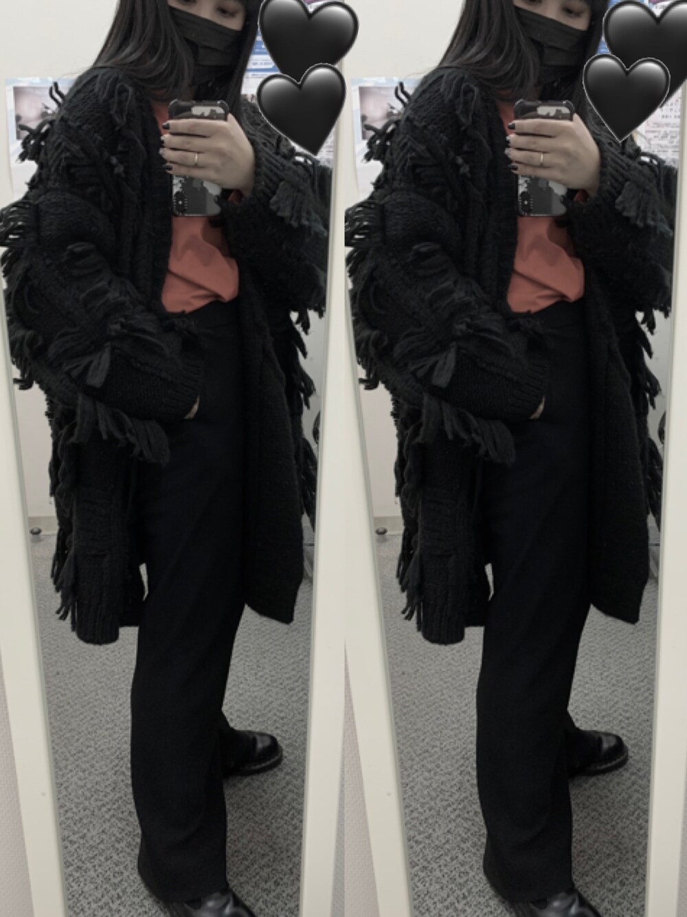 「秋のコーデ、今日のコーデ、パンツスタイル、eL_JEANASIS、カーディガン、オレンジコーデ」｜「eLの【eL】3G Big Fringe Cardigan/918565（カーディガン/ボレロ、ブラック系）」を使った、ふくくんさん（レディース・154cm）の秋コーディネートの1枚目の写真