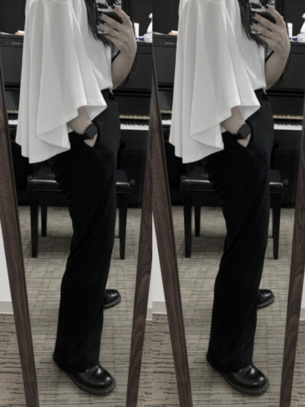 「toga × H&M、TOGAarchives、モノトーン、モノトーンコーデ、モード、ブラックコーデ、マーチン、STUDIOUS」｜「H&Mのアイテム（Tシャツ/カットソー、ホワイト系）」を使った、ふくくんさん（レディース・154cm）の秋コーディネートの1枚目の写真