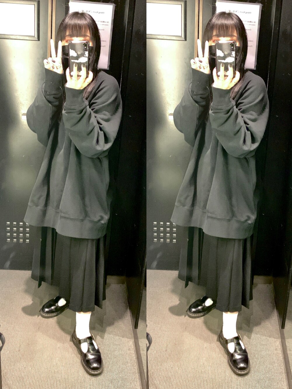 「ゆるコーデ、モノトーン、オールブラック、プリーツスカート、ビッグシルエット、マーチン」｜「JEANASISのサスティナブルヴィンテージウラケBIGプルオーバー/239740（スウェット、ブラック系）」を使った、ふくくんさん（レディース・154cm）の冬コーディネートの1枚目の写真