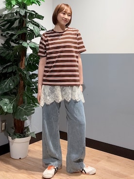 「Right-on（ライトオン）のHONEYSUCKLE ROSE(ハニーサックルローズ)【レディース】ケミカル加工コクーンパンツ/セットアップ対応（その他パンツ、ブルー系）」を使った、かわもっちゃんさん（レディース・158cm）の夏コーディネート