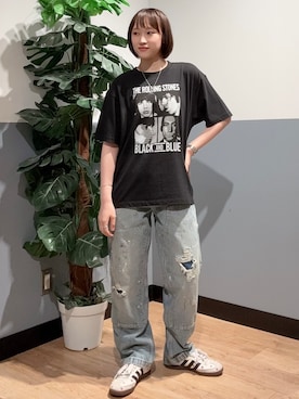 「Right-on（ライトオン）のOther(ソノタ)ローリングストーンズプリント半袖Tシャツ（Tシャツ/カットソー、ホワイト系）」を使った、かわもっちゃんさん（レディース・158cm）の夏コーディネート