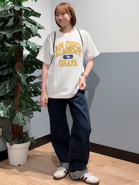 「Champion（チャンピオン）のChampion(チャンピオン)【メンズ】リバースウィーブプリントTシャツ（Tシャツ/カットソー、ブルー系）」を使った、かわもっちゃんさん（レディース・158cm）の夏コーディネート