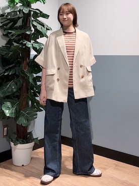 「Right-on（ライトオン）のHONEYSUCKLE ROSE(ハニーサックルローズ)【そよラク】ハーフスリーブジャケット（テーラードジャケット、ベージュ系）」を使った、かわもっちゃんさん（レディース）の夏コーディネート