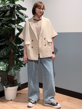 「Right-on（ライトオン）のHONEYSUCKLE ROSE(ハニーサックルローズ)【そよラク】ハーフスリーブジャケット（テーラードジャケット、ベージュ系）」を使った、かわもっちゃんさん（レディース）の春コーディネート