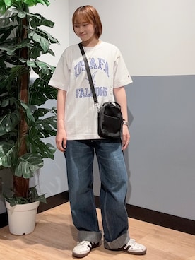 「Champion（チャンピオン）のChampion(チャンピオン)【メンズ】リバースウィーブプリントTシャツ（Tシャツ/カットソー、ホワイト系）」を使った、かわもっちゃんさん（レディース・158cm）の夏コーディネート