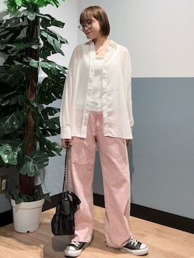 「Right-on（ライトオン）のHONEYSUCKLE ROSE(ハニーサックルローズ)シアービッグシャツ（シャツ/ブラウス、ホワイト系）」を使った、かわもっちゃんさん（レディース）の夏コーディネート