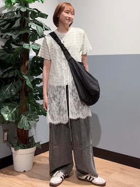「HONEYSUCKLE ROSE（ハニーサックルローズ）のマエアキリボンレースキャミ（Tシャツ/カットソー、ホワイト系）」を使った、かわもっちゃんさん（レディース・158cm）の夏コーディネート