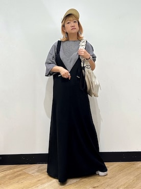 「Right-on（ライトオン）のHONEYSUCKLE ROSE(ハニーサックルローズ)【レディース】2WAY ジャンスカ（サロペット/オーバーオール、ブラック系）」を使った、ミーさん（レディース）の夏コーディネート