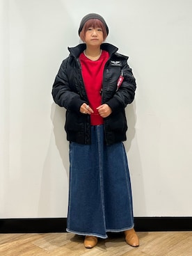 「Alpha Industries（アルファインダストリーズ）のALPHA(アルファ)【メンズ】フーデットリブジャケット（ブルゾン、ブラック系）」を使った、ミーさん（レディース）の秋コーディネート