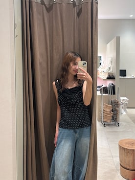 「mystic（ミスティック）のシアードットタンクブラウス（シャツ/ブラウス、ブラック系）」を使った、田村怜奈さん（レディース・154cm）の夏コーディネート