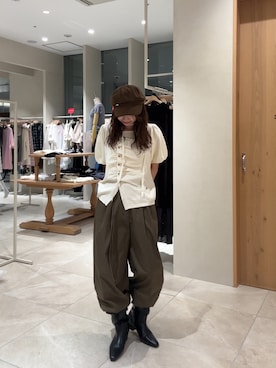 「アイテム（キャスケット、ブラウン系）」を使った、田村怜奈さん（レディース・154cm）の夏コーディネート