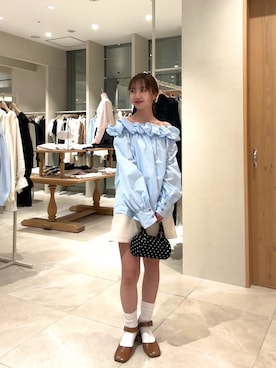 「mystic（ミスティック）のコットンキャンディブラウス（シャツ/ブラウス、ブルー系）」を使った、田村怜奈さん（レディース・154cm）の春コーディネート