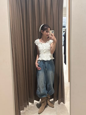 「mystic（ミスティック）の【新色NVY・BRN・BLU2/3サイズ展開】バレルBIGデニム（デニムパンツ）」を使った、田村怜奈さん（レディース・154cm）の秋コーディネート