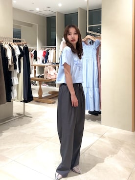 「mystic（ミスティック）の【4色展開/短丈で使いやすい◎】カラーロゴチビTシャツ（Tシャツ/カットソー、ブルー系）」を使った、田村怜奈さん（レディース・154cm）の夏コーディネート