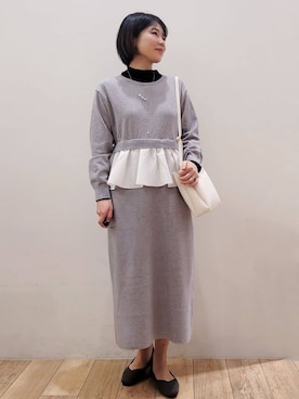 「OPAQUE.CLIP（オペークドットクリップ）のシアーハイネックトップス【洗濯機OK】（Tシャツ/カットソー、ブラック系）」を使った、yuyuさん（レディース・157cm）の冬コーディネート