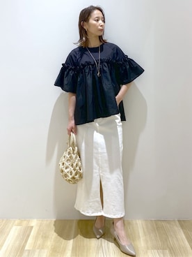 「アイテム（デニムスカート、ホワイト系）」を使った、えりさん（レディース・156cm）の夏コーディネート