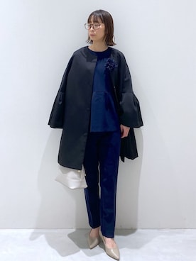 「アイテム（ノーカラーコート、ブラック系）」を使った、えりさん（レディース・156cm）の春コーディネート