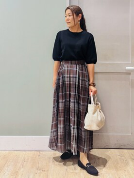 「grove（グローブ）の新色入荷！【貴島明日香さん着用・シリーズ累計34万枚】やわらかドライタッチ 五分袖クルーネックニット（ニット/セーター、ブラック系）」を使った、Komi☆さん（レディース・159cm）の春コーディネート