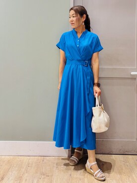 「grove（グローブ）の【貴島明日香さん着用】軽やか夏素材の、カシュクール風サッカーワンピース【洗える】（ワンピース、ブルー系）」を使った、Komi☆さん（レディース・159cm）の春コーディネート
