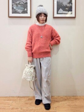 「SHOO・LA・RUE（シューラルー）の【洗濯機可/S-LL】上品にキラリと華やぐ スパンコールニット（ニット/セーター、ピンク系）」を使った、まあるさん（レディース・158cm）の秋コーディネート
