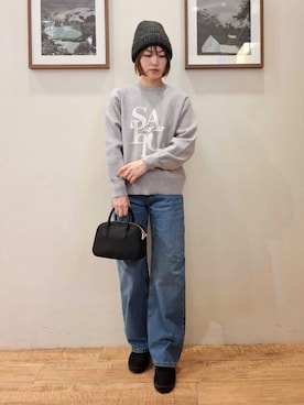 「SHOO・LA・RUE（シューラルー）の【洗濯機可/S-LL】もちもちタッチ スウェットライクロゴニット（ニット/セーター、グレー系）」を使った、まあるさん（レディース・158cm）の冬コーディネート