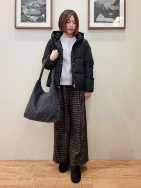 「DRESKIP（ドレスキップ）の【撥水/洗える】ショートフーディーダウン（ダウンジャケット/コート、ブラック系）」を使った、まあるさん（レディース・158cm）の冬コーディネート