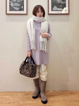 「SHOO・LA・RUE（シューラルー）の【洗濯機可/S-LL/体型カバー】女性らしい美シルエット チュニックニットワンピース（ニット/セーター、パープル系）」を使った、まあるさん（レディース・158cm）の冬コーディネート