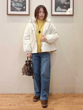 「Cutie Blonde（キューティーブロンド）の【撥水/あったか】たっぷり着られる 中綿モンスターショートコート（その他アウター、ホワイト系）」を使った、まあるさん（レディース・158cm）の冬コーディネート