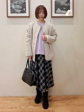 「SHOO・LA・RUE（シューラルー）の【洗濯機可/S-LL/撥水】ゴールドパーツで上品に 大人が着たい ノーカラーキルトジャケット（ノーカラージャケット、ホワイト系）」を使った、まあるさん（レディース・158cm）の冬コーディネート