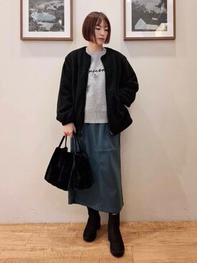 「SHOO・LA・RUE（シューラルー）の【洗濯機可】即サマになる ノーカラー ボアブルゾン（ブルゾン、ブラック系）」を使った、まあるさん（レディース・158cm）の秋コーディネート