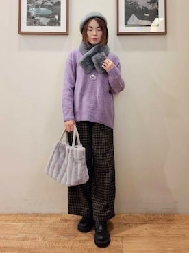 「SHOO・LA・RUE（シューラルー）の【洗濯機可】お気に入りカラーを身にまとって　ふんわりゆるニット（ニット/セーター、パープル系）」を使った、まあるさん（レディース・158cm）の冬コーディネート