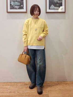 「SHOO・LA・RUE（シューラルー）の【高レビュー/洗濯機可/S-LL】さらに軽くなった スポンディッシュ裾フェイクトップス（ニット/セーター、イエロー系）」を使った、まあるさん（レディース・158cm）の冬コーディネート
