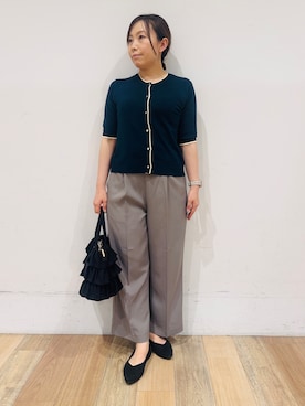 「grove（グローブ）のレイヤード風ハーフスリーブカーディガン（カーディガン/ボレロ、グリーン系）」を使った、miさん（レディース・151cm）の夏コーディネート