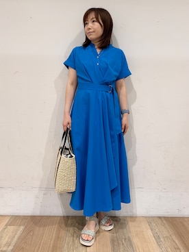 「grove（グローブ）の【洗える】さらっと軽やか、カシュクール風サッカーワンピース（ワンピース、ブルー系）」を使った、miさん（レディース・151cm）の春コーディネート