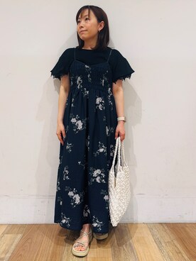 「grove（グローブ）の【洗える】大人のシャーリングキャミワンピース（ワンピース、ブルー系）」を使った、miさん（レディース・151cm）の春コーディネート