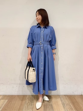 「grove（グローブ）の【貴島明日香さん着用・美シルエット】ウエストタック配色ワンピース（ワンピース、ブルー系）」を使った、miさん（レディース・151cm）の春コーディネート
