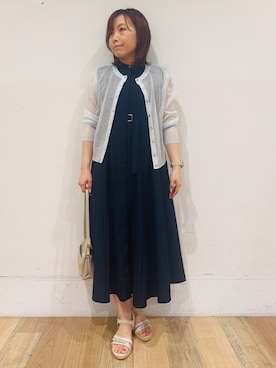 「grove（グローブ）の高評価！【洗える/名品】大人の透け感、シアーカーディガン（カーディガン/ボレロ、ブルー系）」を使った、miさん（レディース・151cm）の夏コーディネート