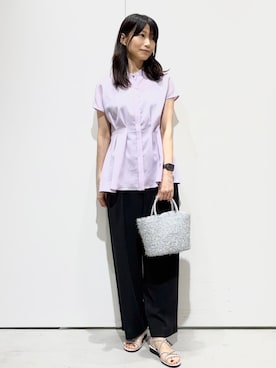 「OPAQUE.CLIP（オペークドットクリップ）の【接触冷感/吸水速乾】リネンライク タックフレンチスリーブブラウス《洗濯機OK》（シャツ/ブラウス、パープル系）」を使った、Jさん（レディース・166cm）の夏コーディネート