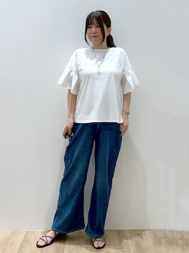 「OPAQUE.CLIP（オペークドットクリップ）の【接触冷感】タックスリーブカットソー《洗濯機OK》（Tシャツ/カットソー、ホワイト系）」を使った、hiroさん（レディース・162cm）の夏コーディネート
